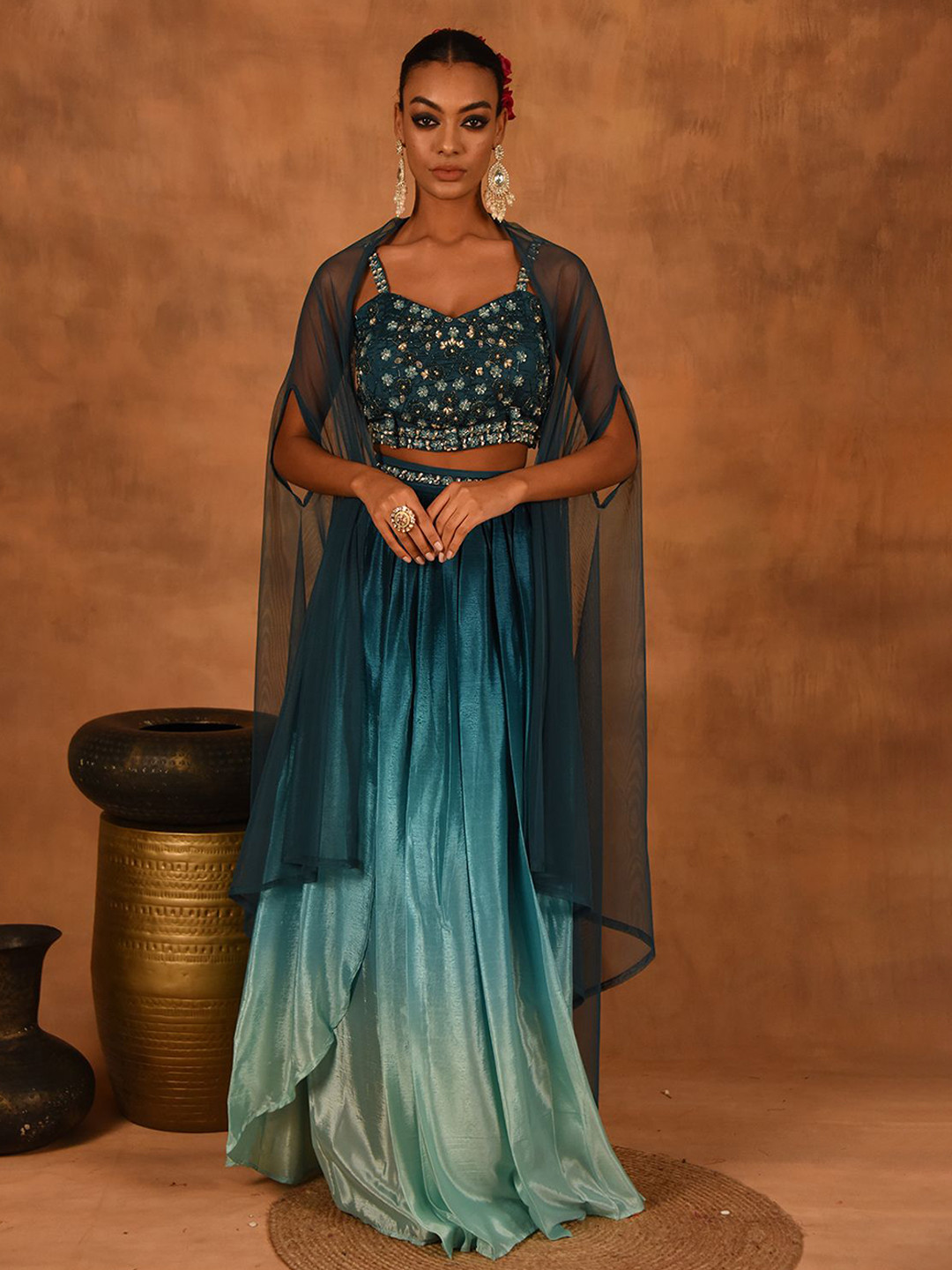 Laalzari Blue Ombre Skirt With Crop Top & Cape Co-Ords