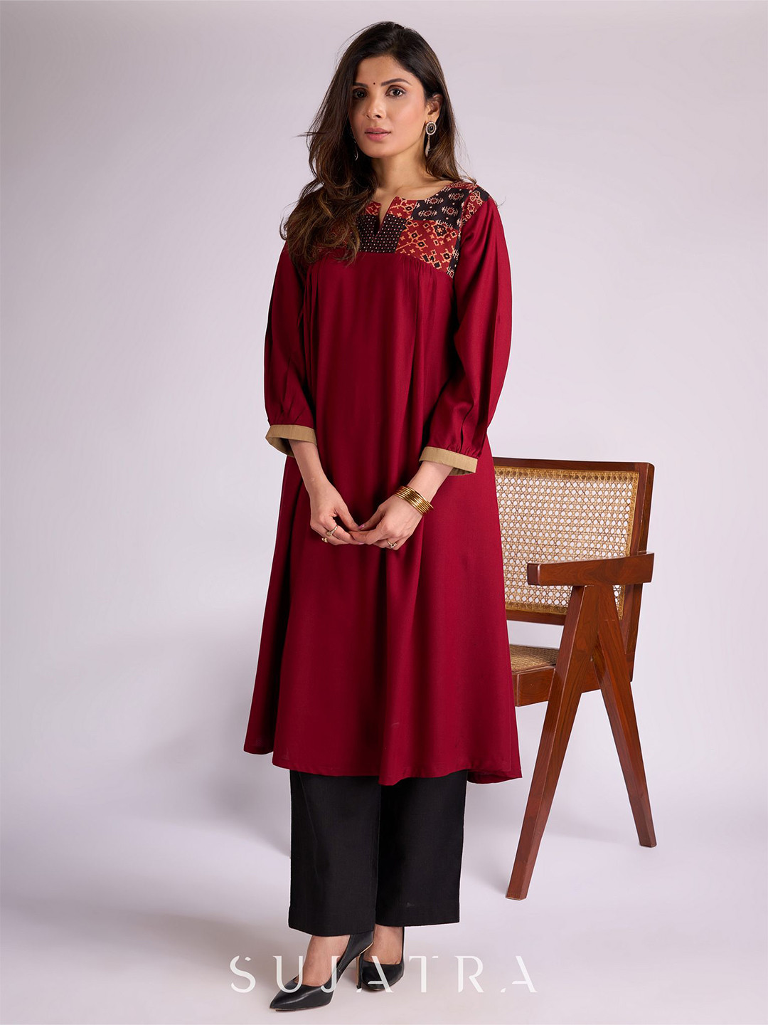SUJATRA Floral Ajrakh Yoke Design Notch Neck Pleated Puff Sleeves A-Line Kurta