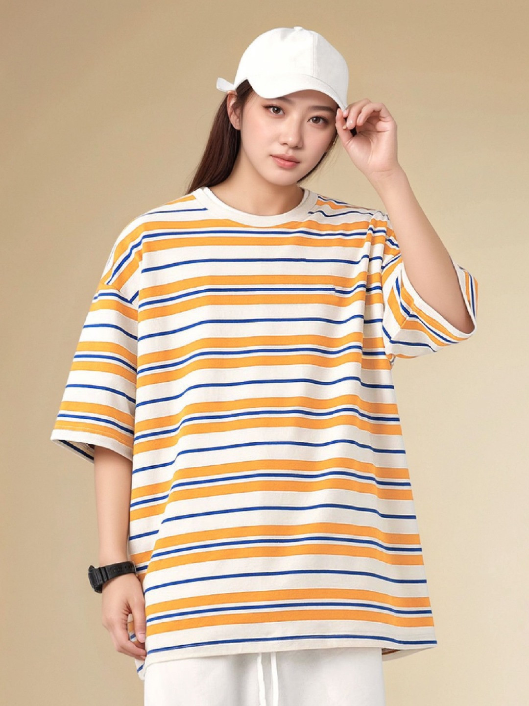 LAUREN ADAMS Women Striped Round Neck Cotton Oversized T-shirt