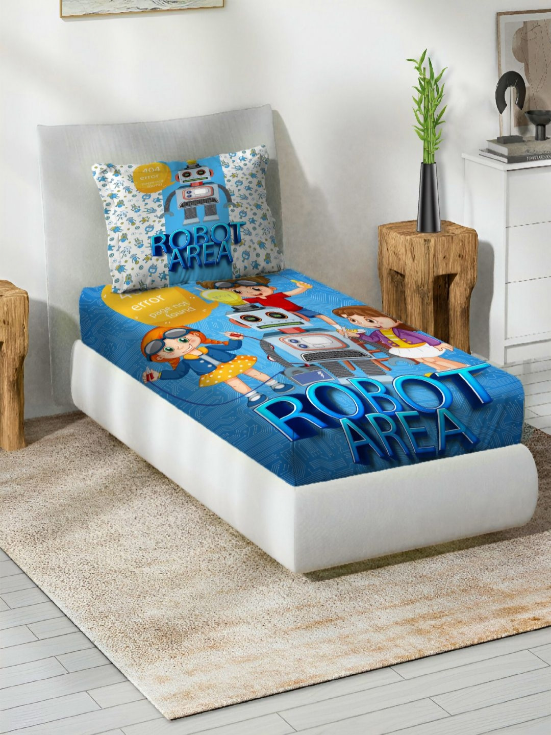 Steve & Anderson Blue & Yellow Printed Cotton 144 TC Single Bedsheet Sets 1.50m x 2.25m