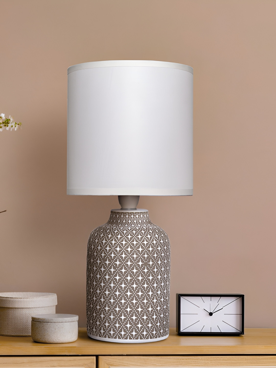 Magik Taupe Ceramic Contemporary Cylindrical Shaped Table Lamp with Bulb