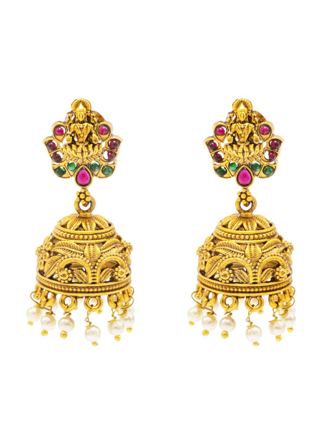 Shining Jewel - By Shivansh Gold-Plated Artificial Stones Studded Dome Temple Jhumkas