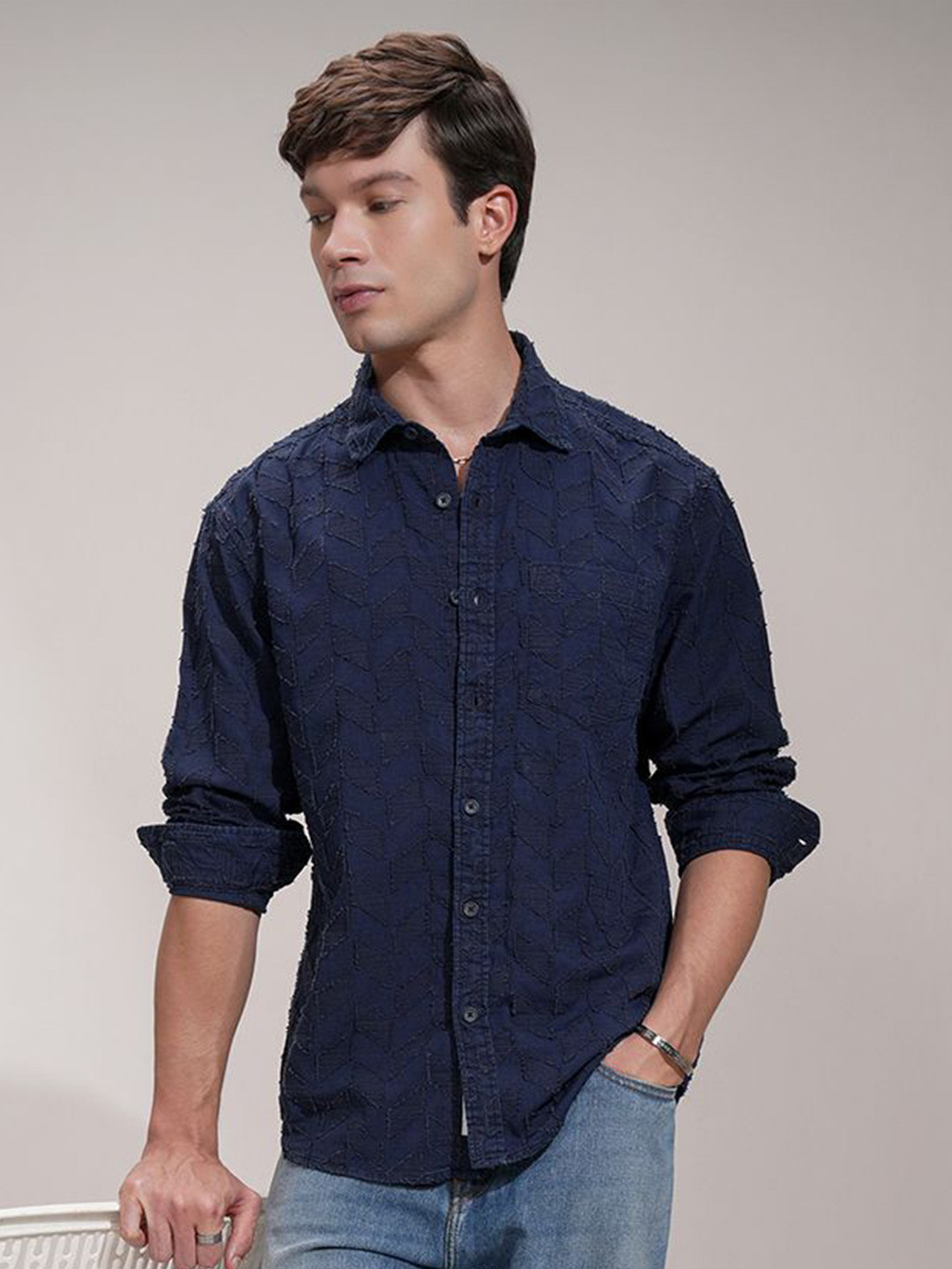 HIGHLANDER Men  Navy Blue Comfort Opaque Textured Relaxed Shirt