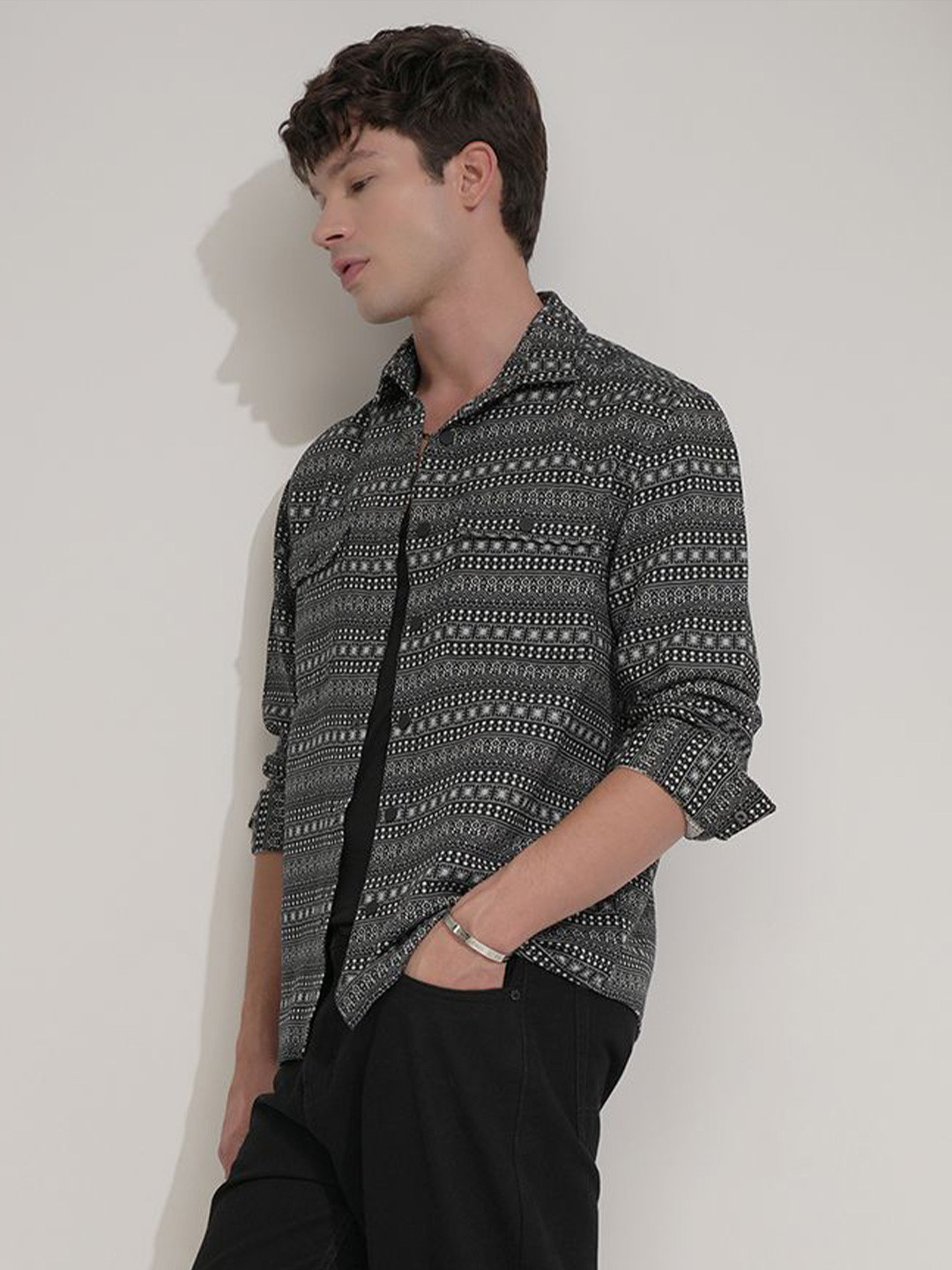 HIGHLANDER Men Comfort Opaque Dobby Textured Checked Relaxed Overshirt Shirt