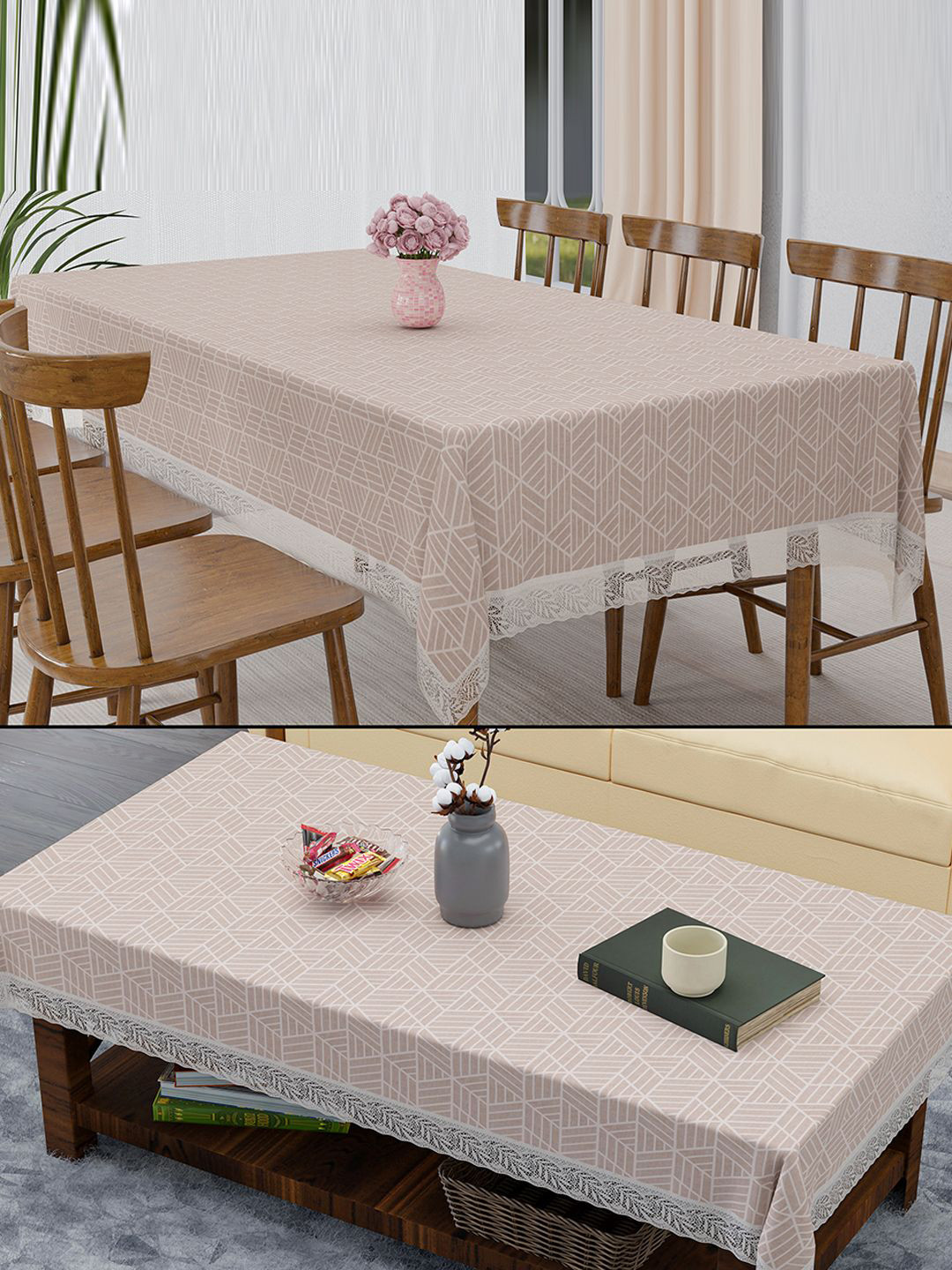 Kuber Industries Beige 2 Pieces Printed 6 Seater Dining Table Cover & Center Table Cover