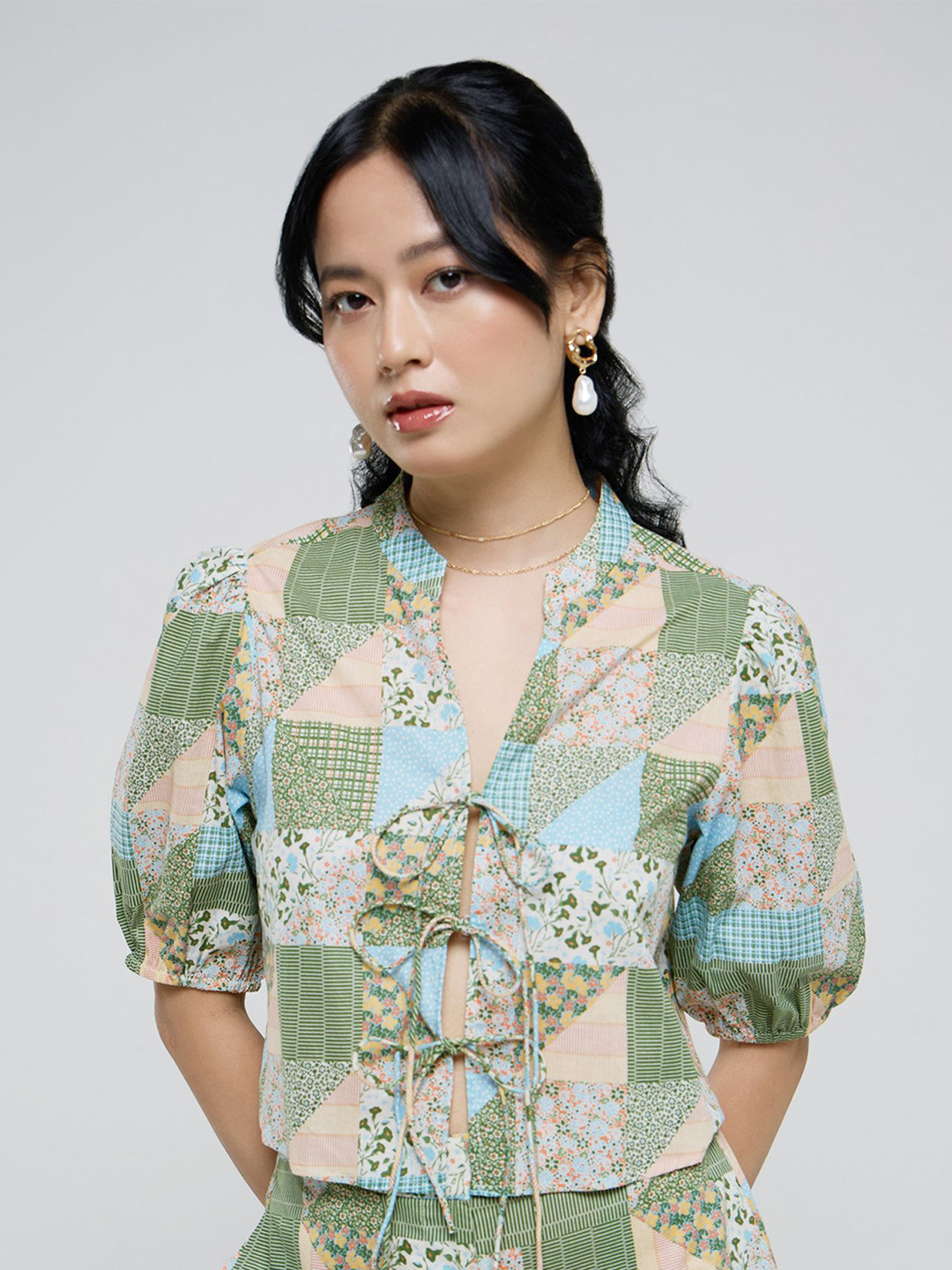 20Dresses Geometric Print Puff Sleeve Cotton Shirt Style Top