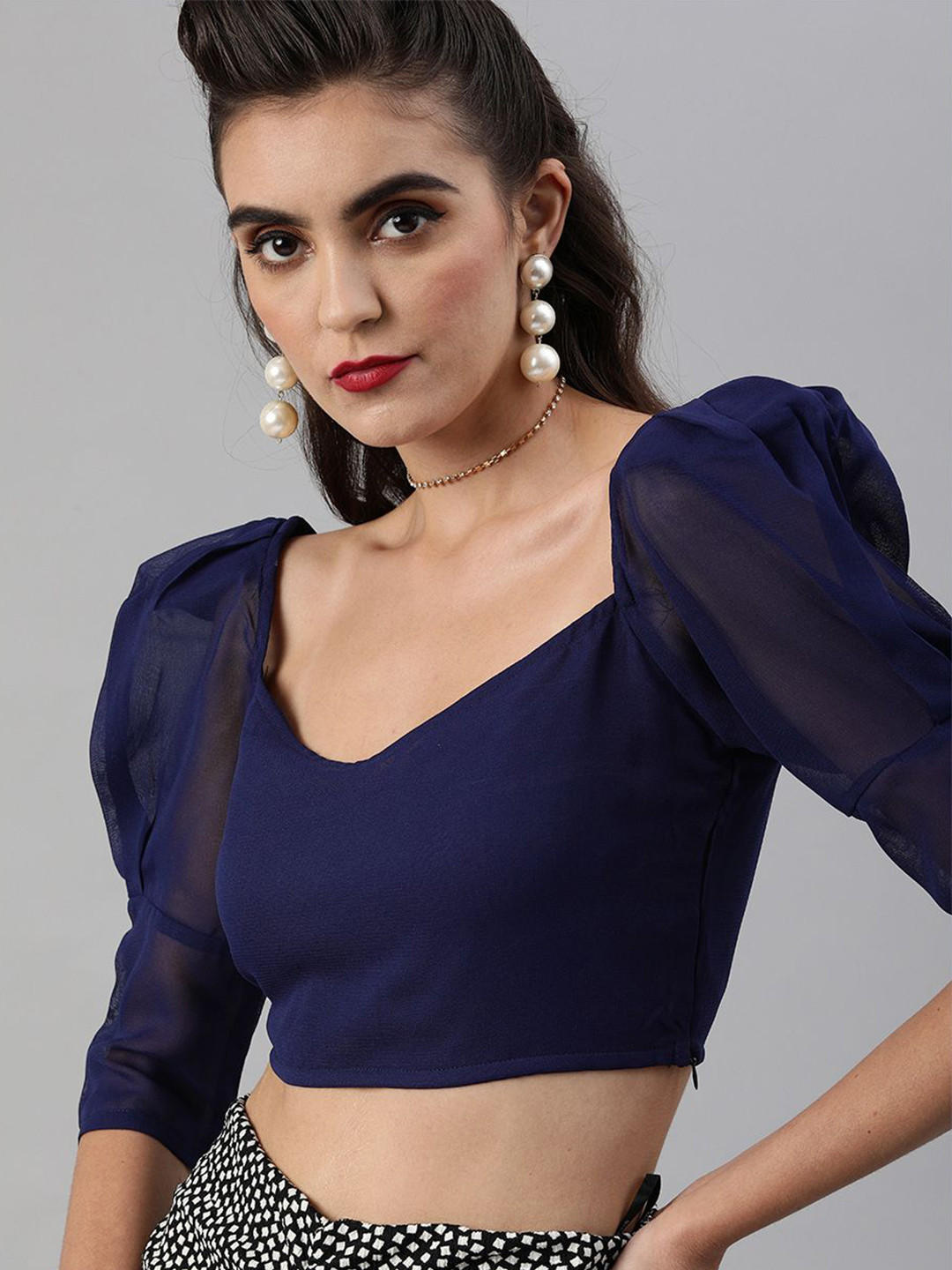 SCORPIUS Floral Print Puff Sleeve Georgette Crop Top