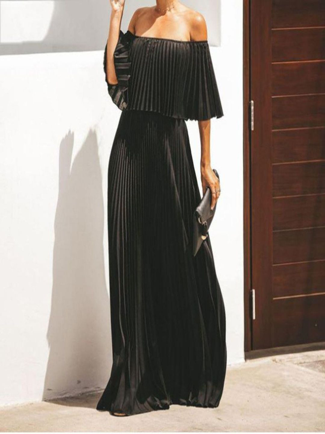 bebe Black Accordion Pleat Off-Shoulder Maxi Dress
