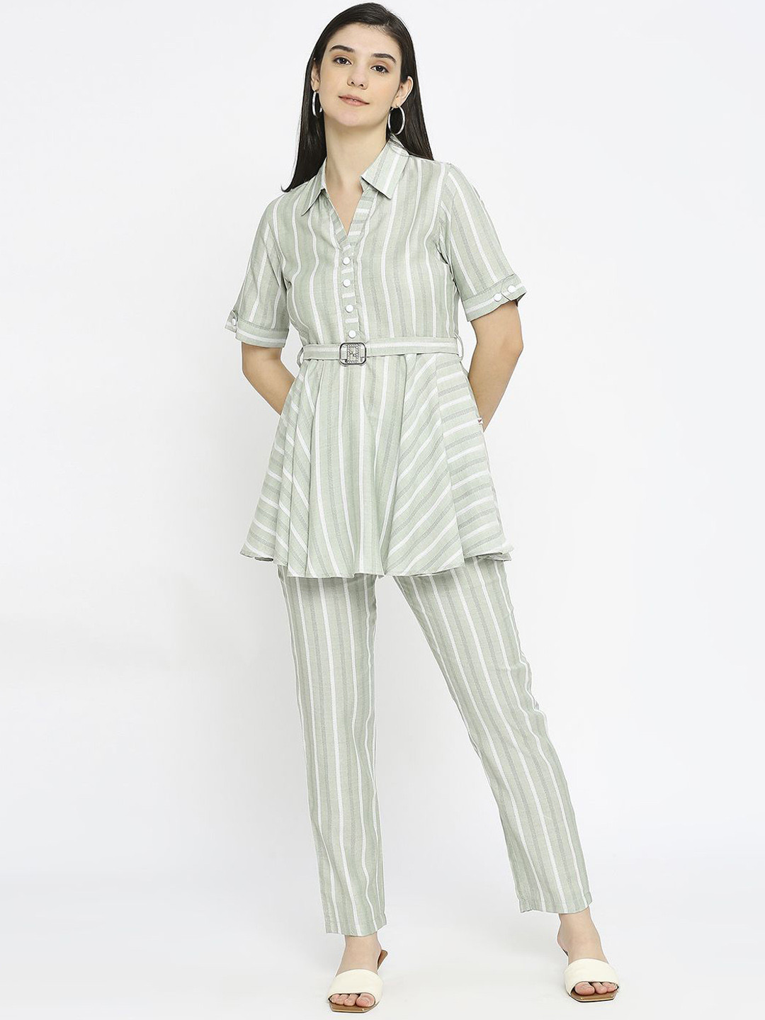 MORDEN MUSE Self Design Shirt Collar Tunic With Trousers & Belt