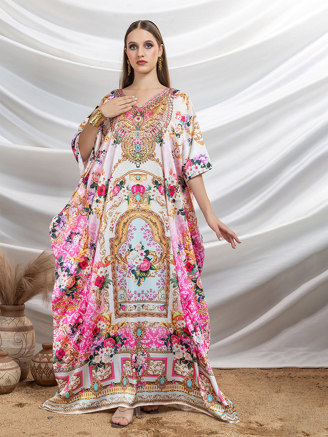 LABEL AARNA Regal Rose Soft Satin Women Kaftan