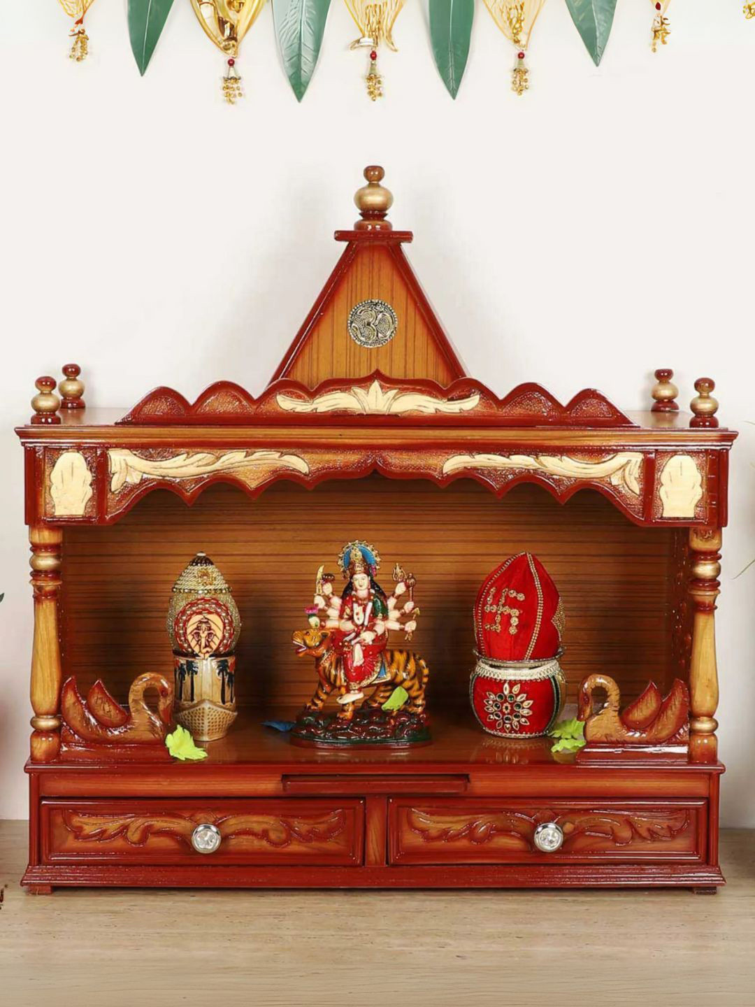 DZYN Furnitures Brown & Yellow Wooden SukhatMan Wall Mount Pooja Mandir Without Door