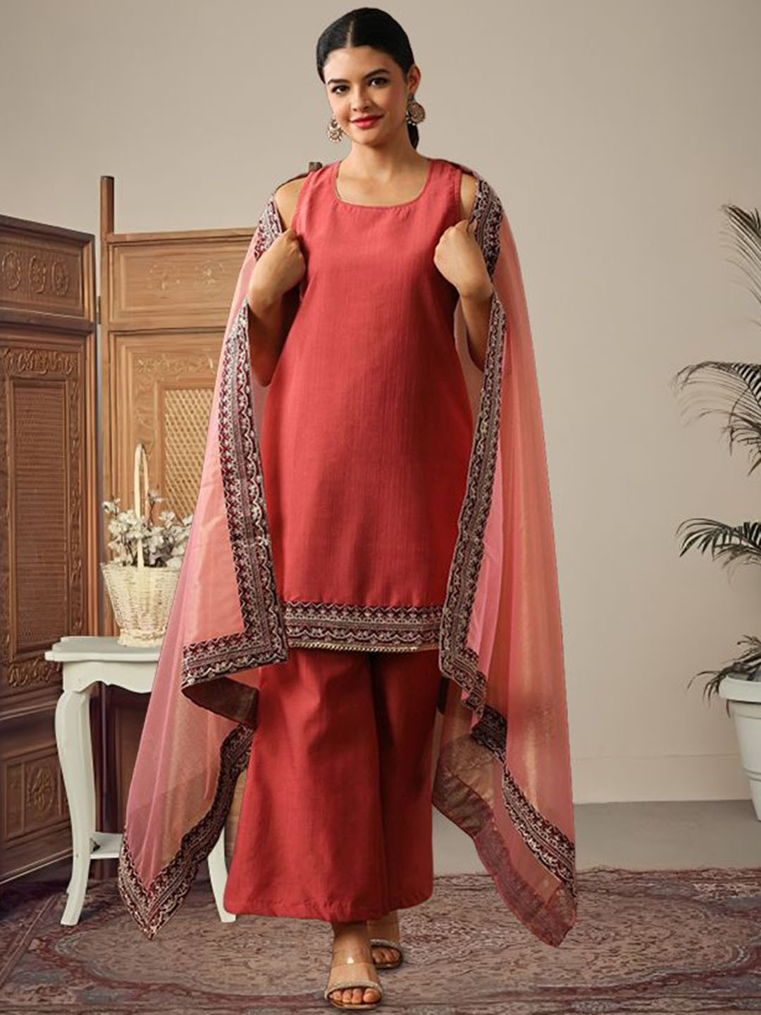 AVANSHEE Round Neck Sleeveless Sequinned Straight Kurta With Palazzos & Dupatta