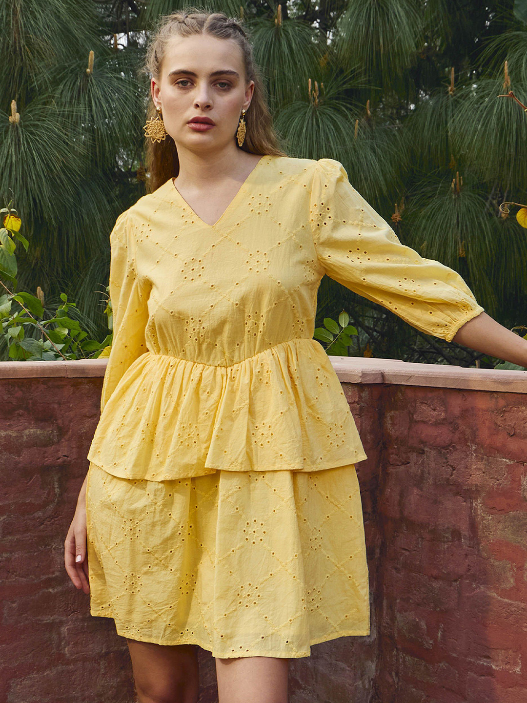 SASSAFRAS Women Yellow Schiffli V-Neck Frill Detail Short Dress