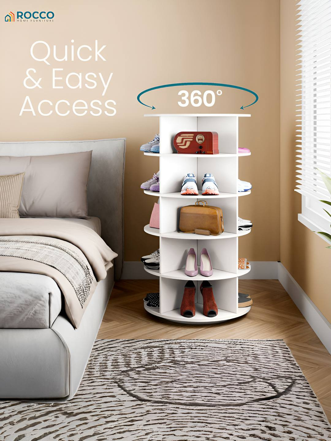 ROCCO White Wooden 5-Tier Rotating Shoe Rack