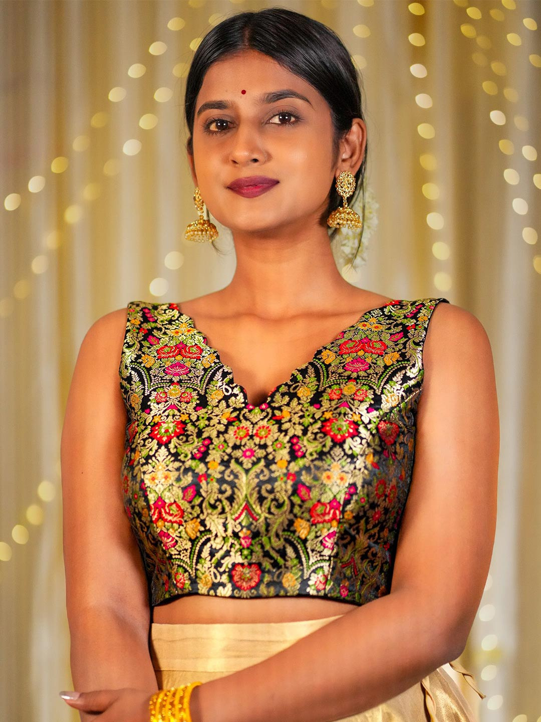 I LOVE SAREES Women Woven Design Black Scallop V-neck Banarasi Blouse