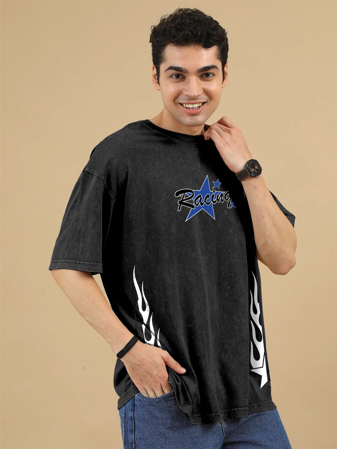 Crazymonk Men Racing Acid Wash Graphic Printed Oversized Cotton T-shirt