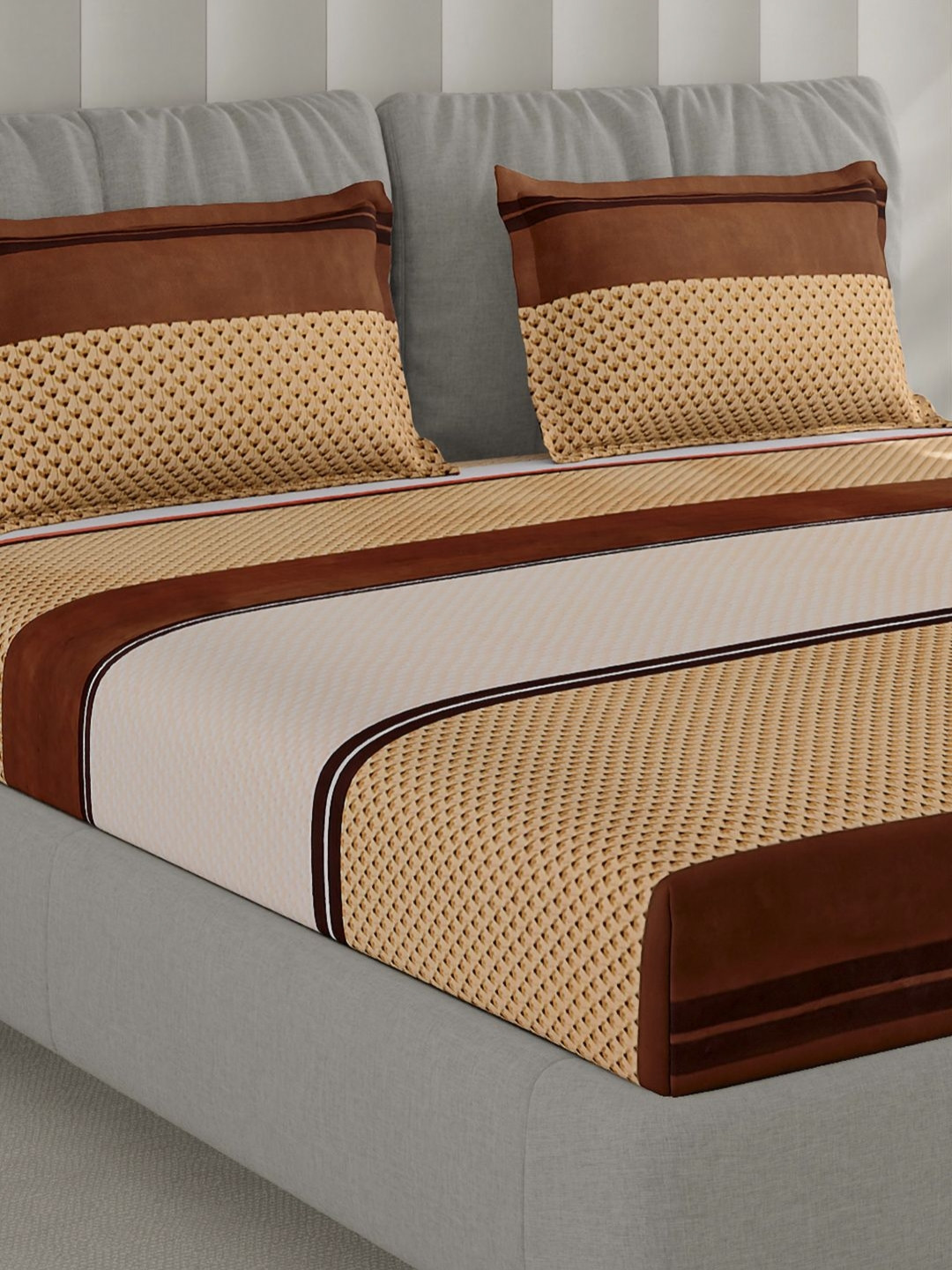 Monte Carlo Beige & Black Striped 130 TC Queen Bedsheet Set 2.24 m x 2.54 m