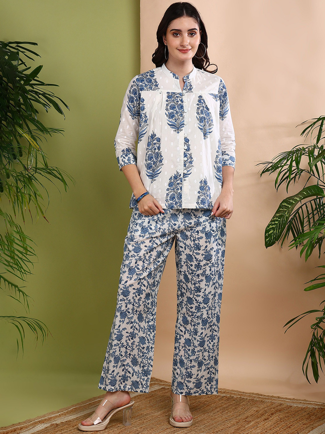 Zenava by Myntra Printed Cotton Top With Trousers Co-Ords