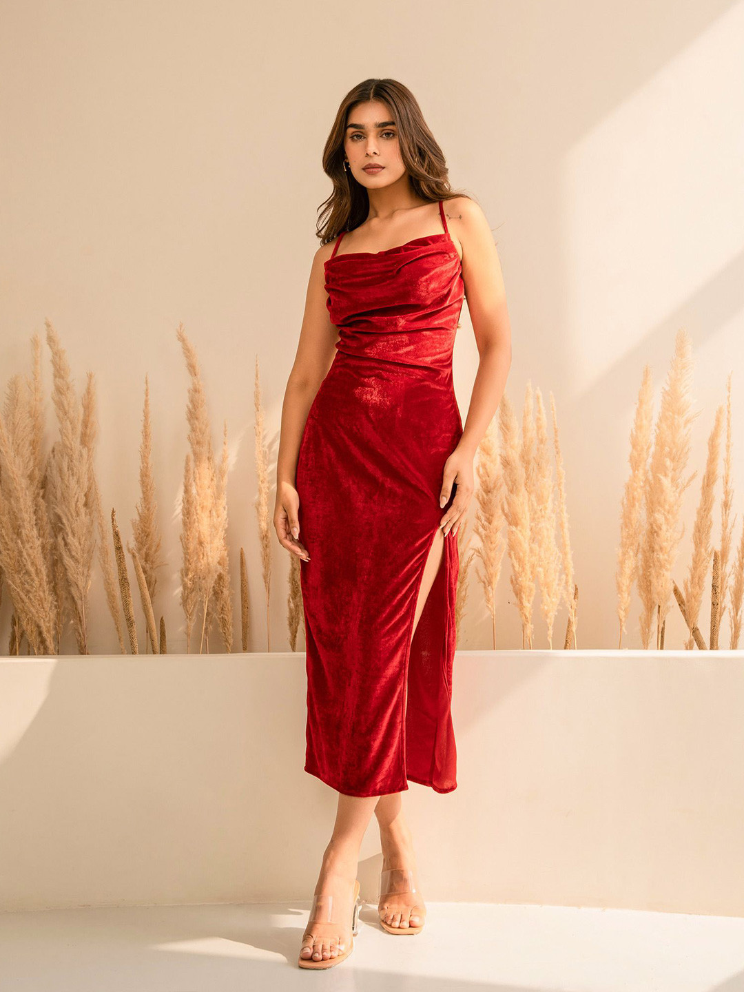 THE CLOTHING FACTORY Women Red Velvet Cowl Neck Dress