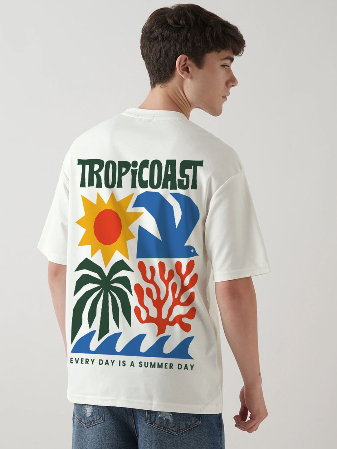 Crazymonk Men Tropicoast Graphic Printed Oversized Cotton T-shirt