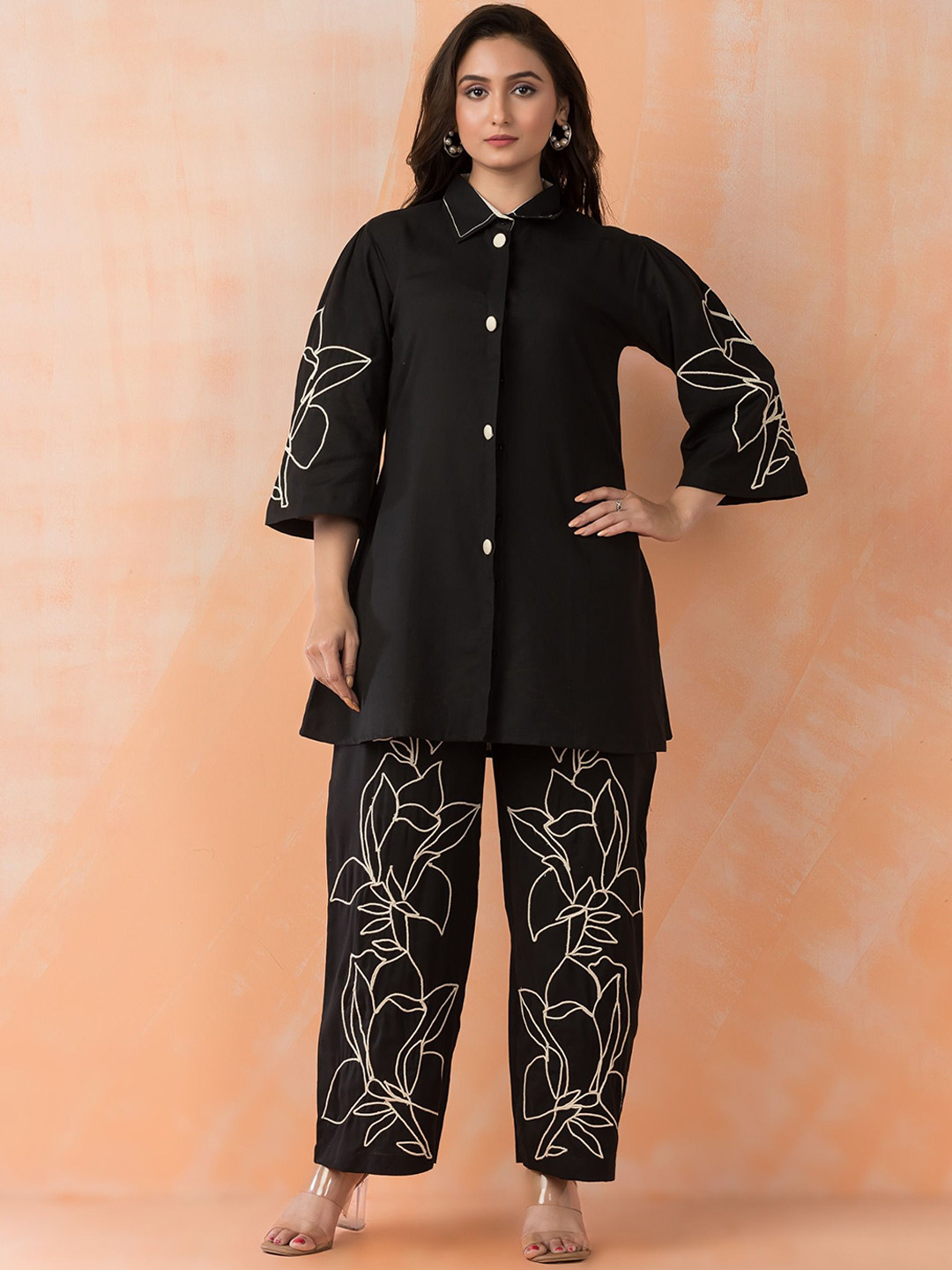 AUTUMN LANE Sabhya Onyx Embroidered Cotton Shirt With Trousers Co-Ords