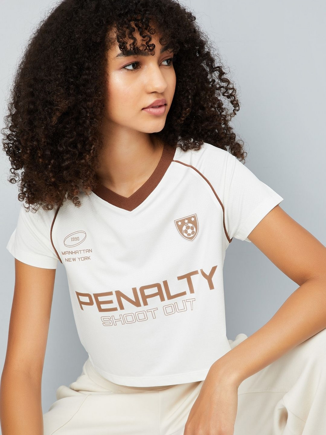 max Women Typography Printed V-Neck Boxy T-shirt