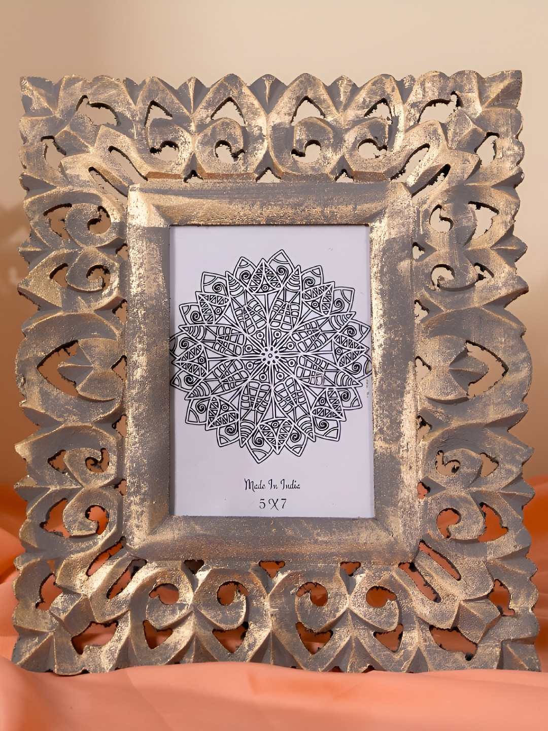 THREADVIBE LIVING Beige & Grey Textured Wooden Table Photo Frame
