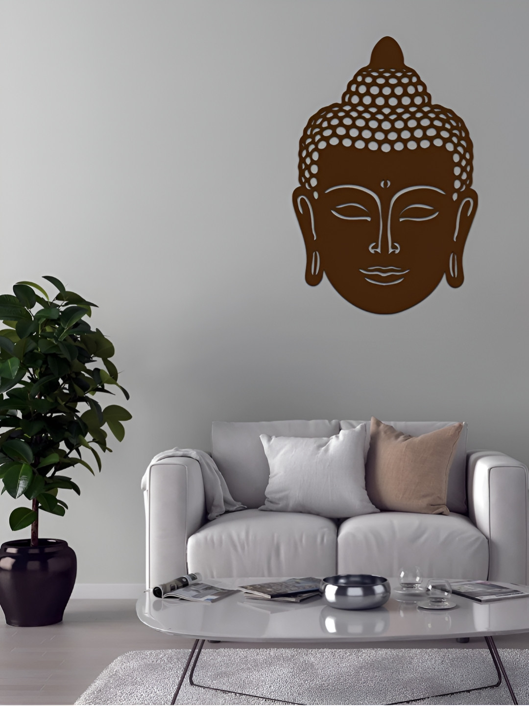 DEKORSTATION Brown Textured Wooden Meditation Lord Buddha Shaped Wall Lamp