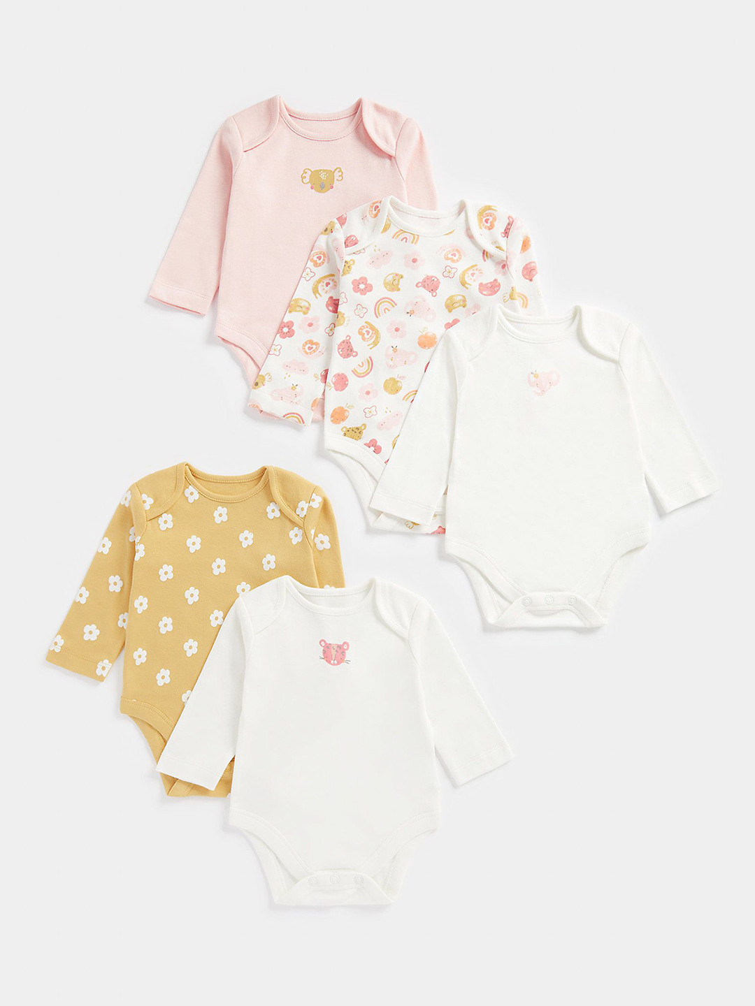 mothercare Girls Pack Of 5 Floral Printed Cotton Bodysuits