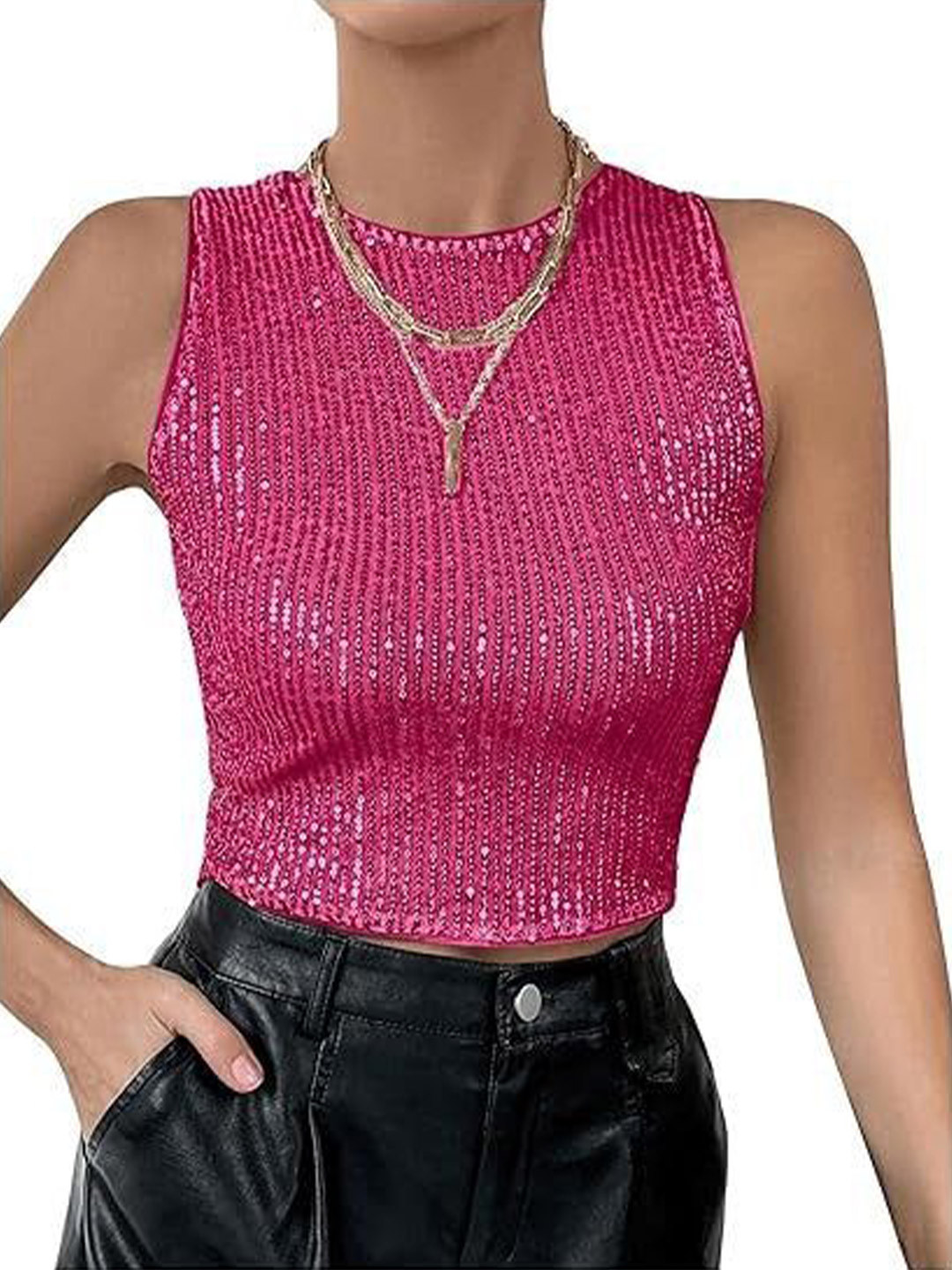 Outzidr Fuchsia Sequin Cropped Top