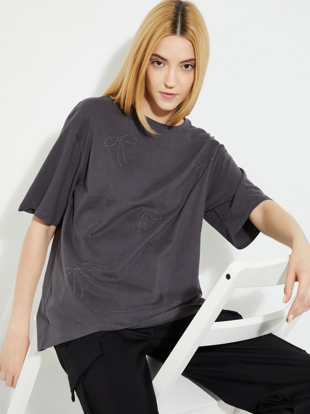 max Women Solid Round Neck Cotton Oversized T-shirt