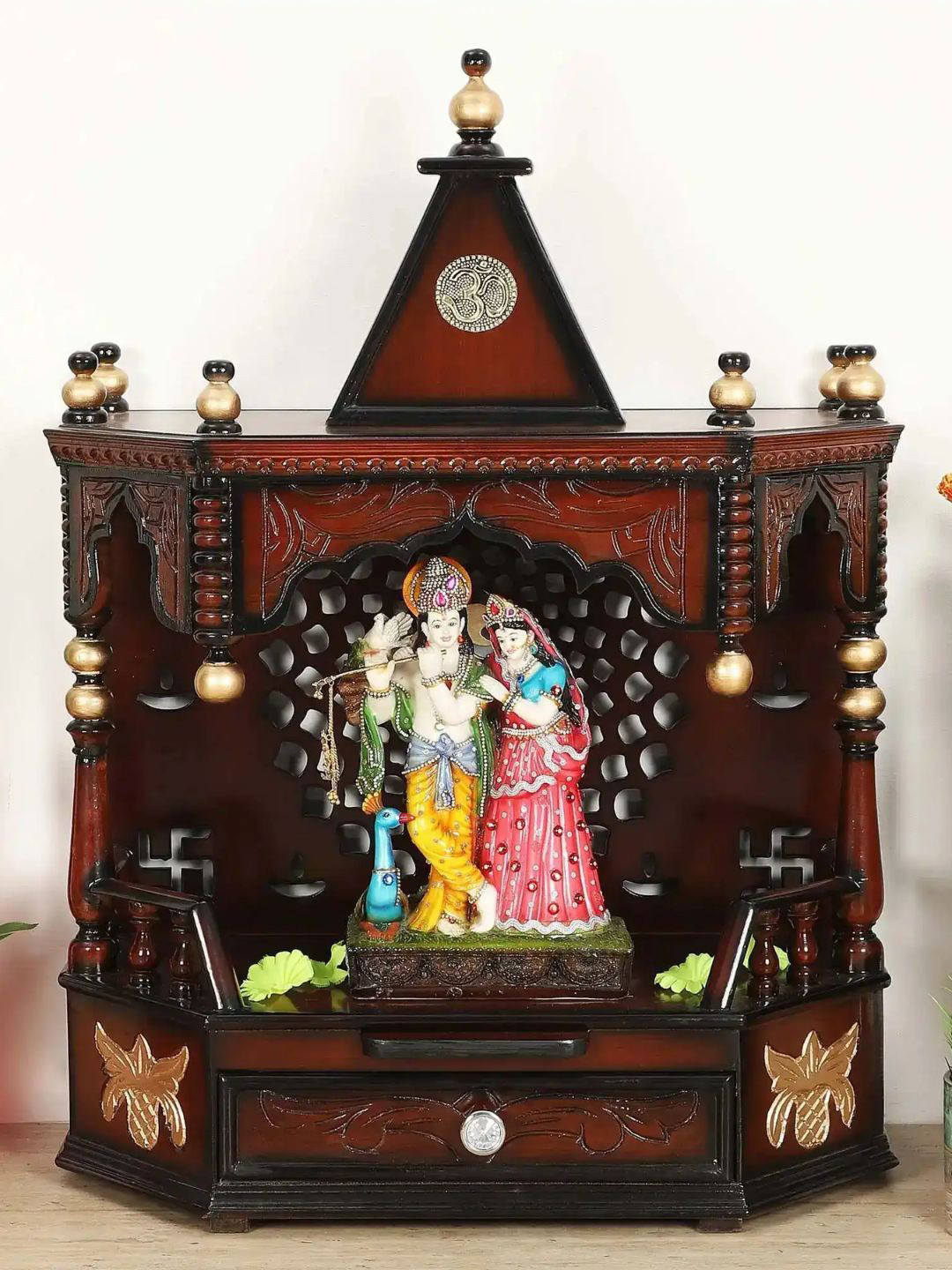 DZYN Furnitures Brown & Yellow Wooden Aikyam Wall Mount Pooja Mandir Without Door