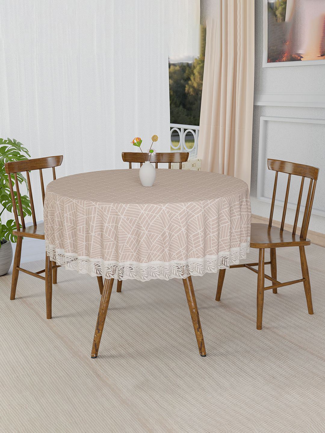 Kuber Industries Beige & Cream-Coloured Floral PVC Round 4-Seater Table Cover