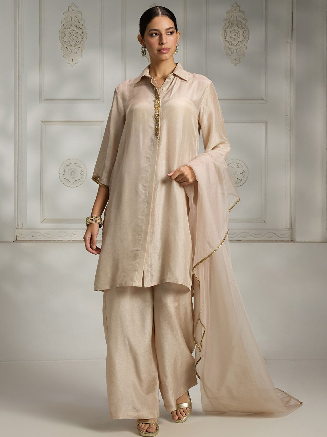 Rivaar By Rocky Star High Slit Shirt Collar Zari Silk A-Line Kurta