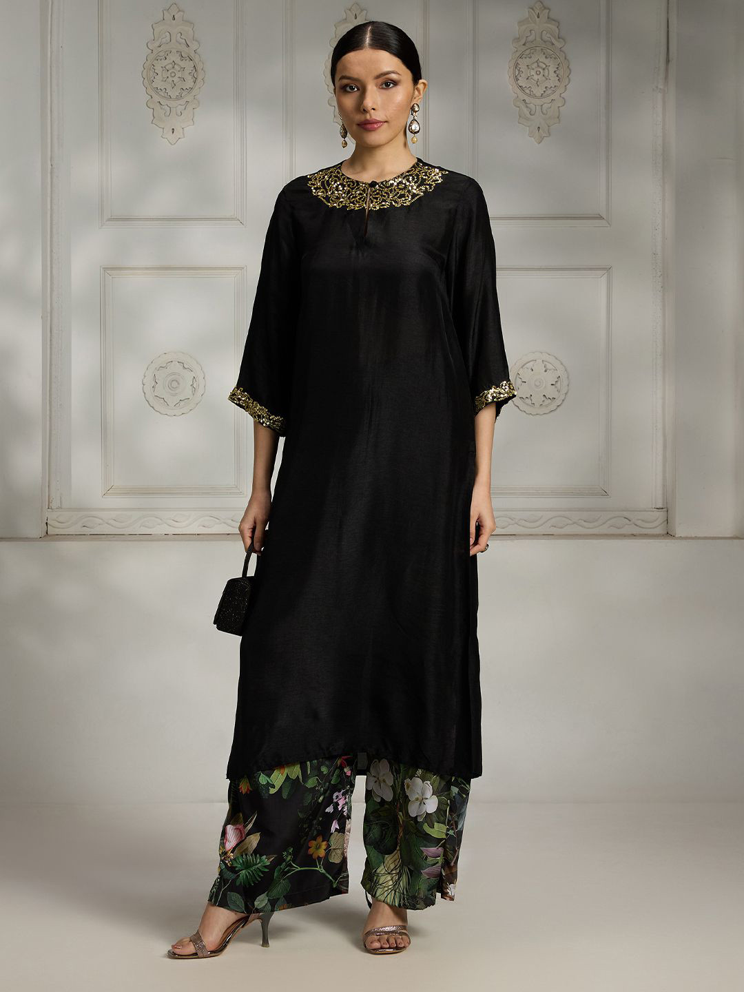Rivaar By Rocky Star Floral Yoke Design Keyhole Neck Sequins Silk Straight Kurta