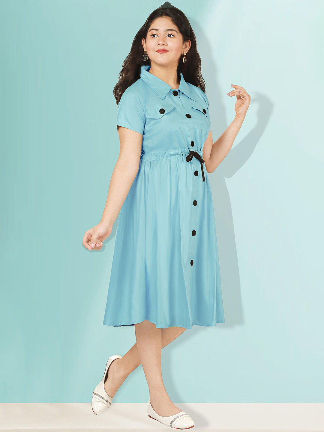 KRISHTINA Girls Lapel Coller Shirt Dress