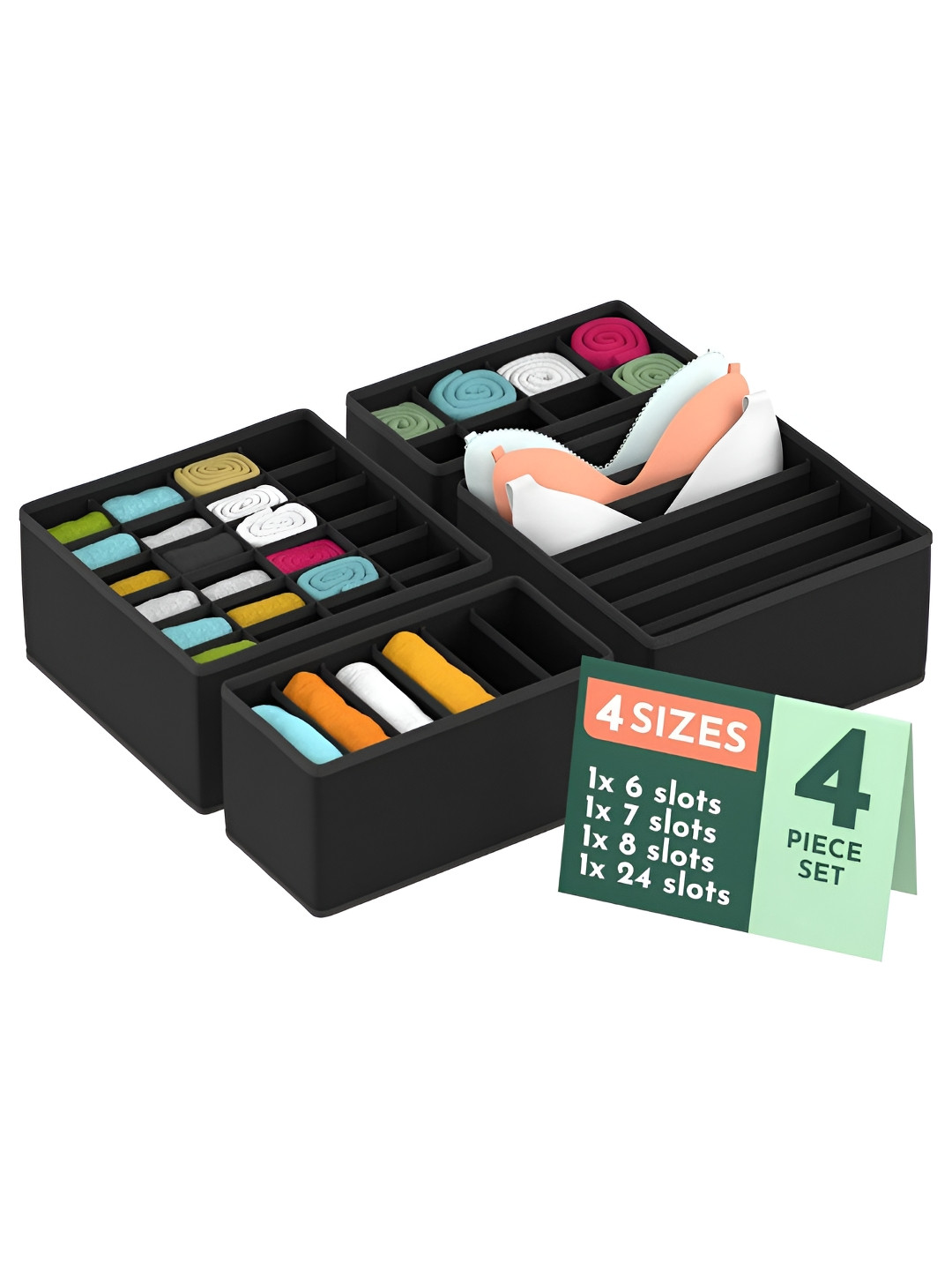 Aura Black 4 Pcs Set Multicompartment Underwear Organisers Storage Box Wardrobe Organizer