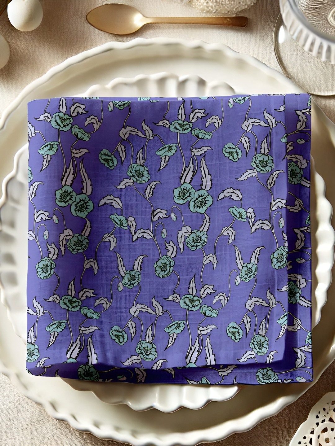 Vargottam Purple & Green 12 Pieces Printed Cotton Reusable & Disposable Table Napkins