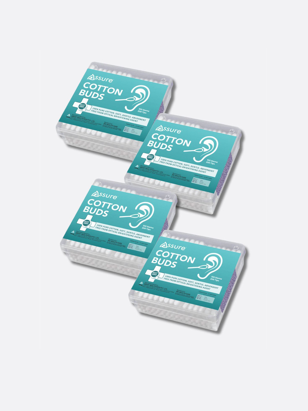 Assure Set Of 4 Premium Cotton Ear Buds For Beauty & Hygiene - 100 Buds Each