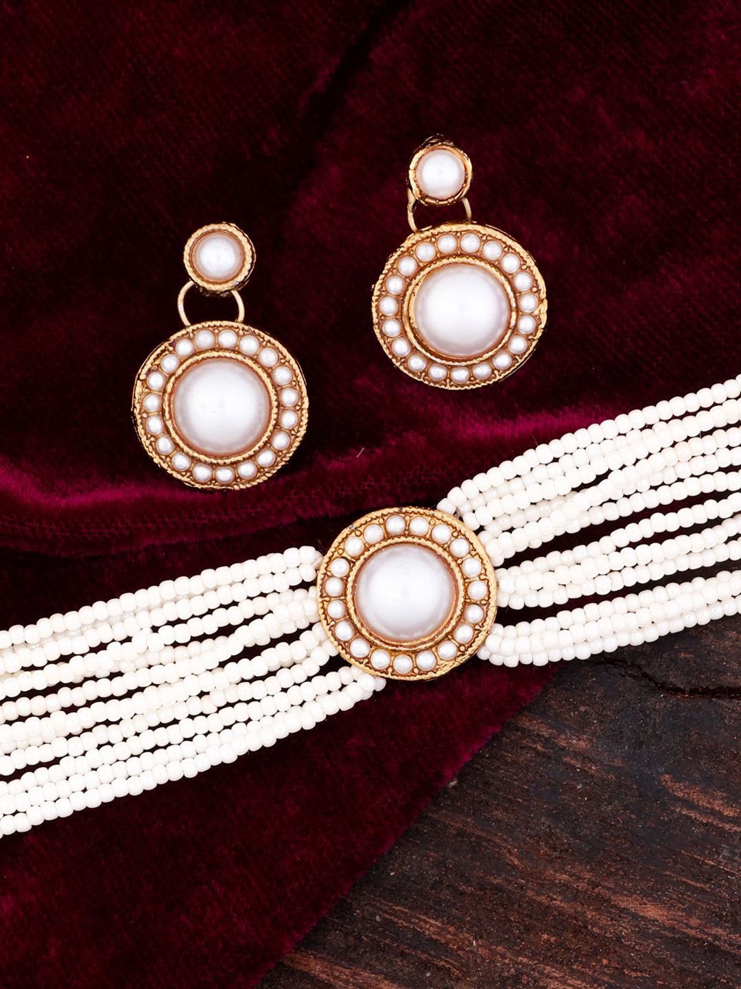 SHONA'S STYLE Gold-Plated Artificial Stone Studded & Pearls Beaded Choker Jewellery Set