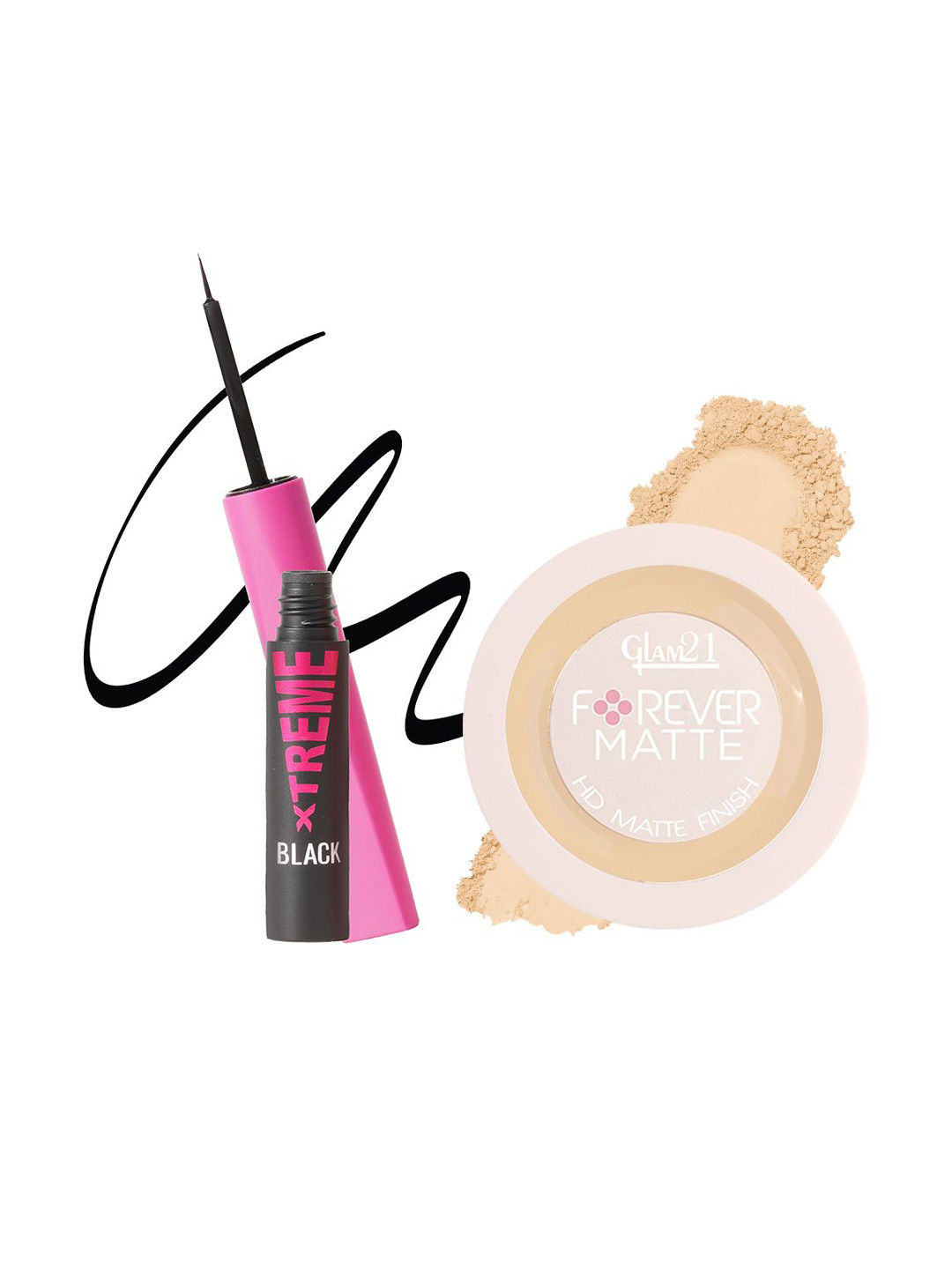 GLAM21 Set Of 2 Forever Matte Compact Powder - 9g Ivory 01 & Xtreme Eyeliner-4ml Black