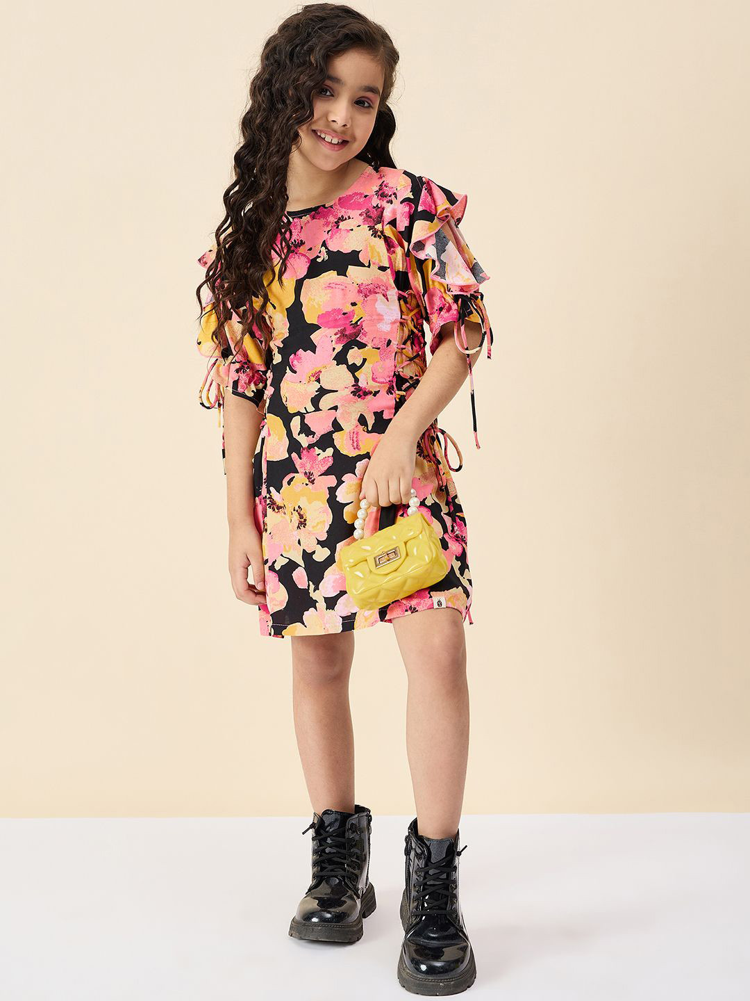 Stylo Bug Girls Floral Print Tie-Ups Detail Cold-Shoulder A-Line Dress