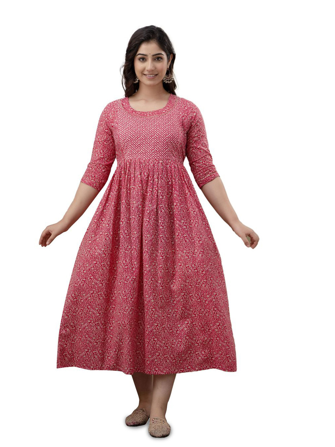 ANUOM Pink Floral Print Maternity Midi Dress