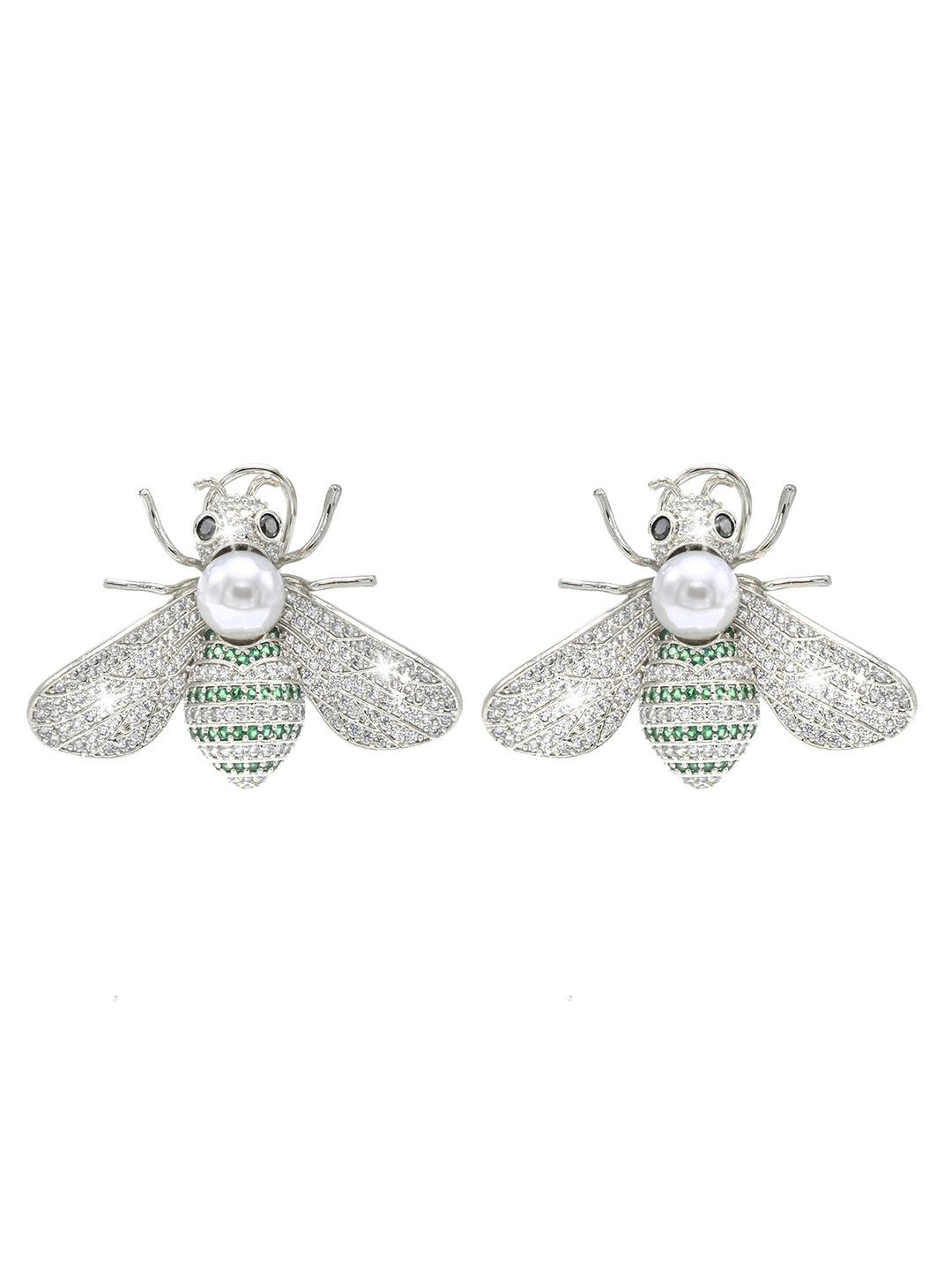 Shining Jewel - By Shivansh Rhodium-Plated Stone Studded & Beaded Honey Bee Classic Studs