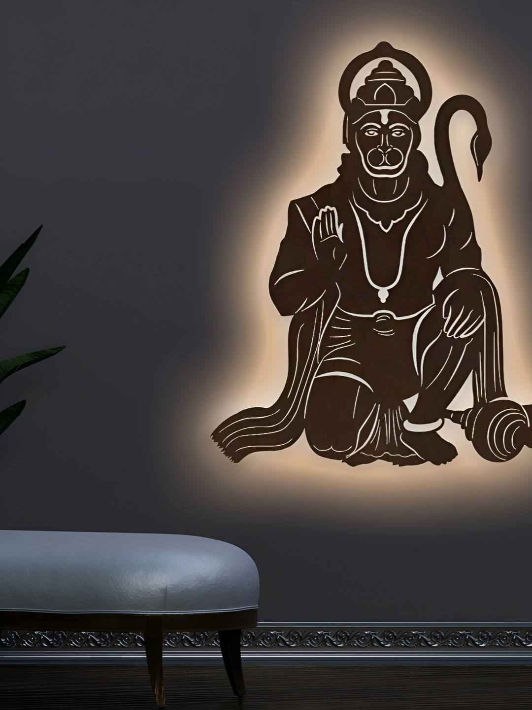 DEKORSTATION Brown Textured Wooden Lord Hanuman Laser Cut Shaped Wall Lamp