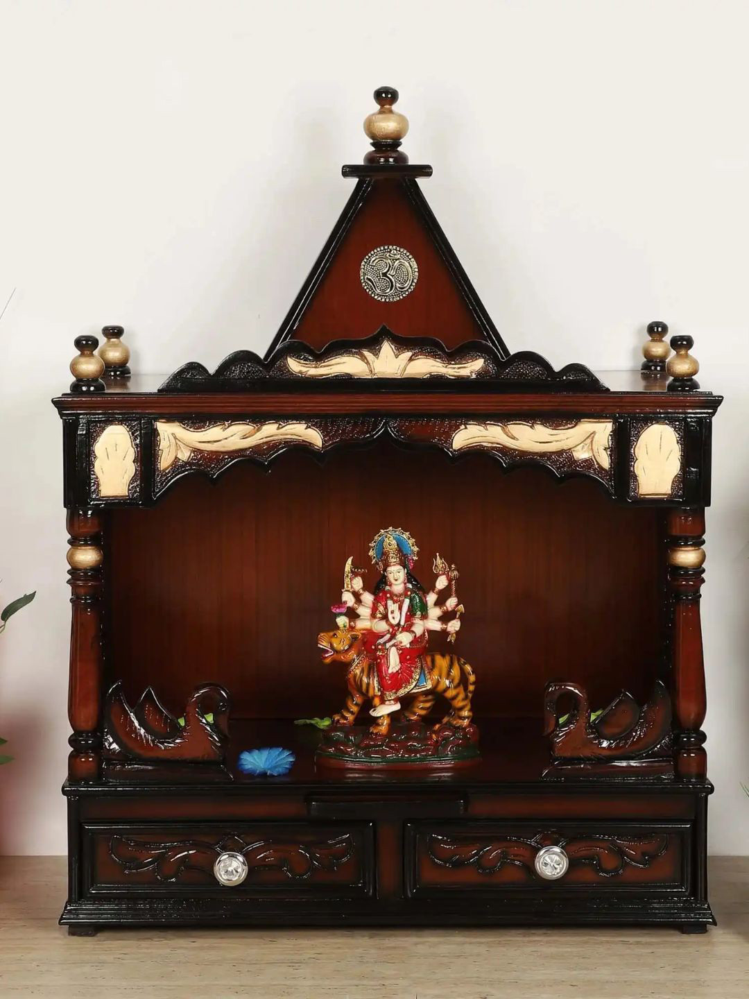 DZYN Furnitures Brown & Yellow Wooden SukhatMan Wall Mount Pooja Mandir Without Door