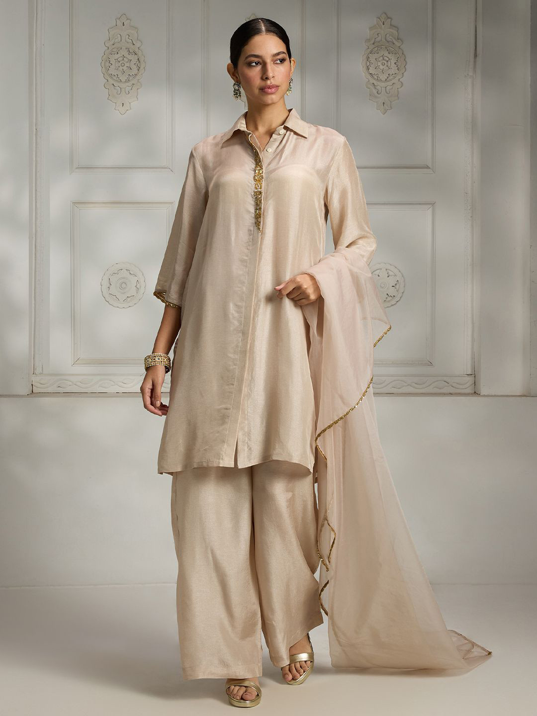 Rivaar By Rocky Star High Slit Shirt Collar Zari Silk A-Line Kurta