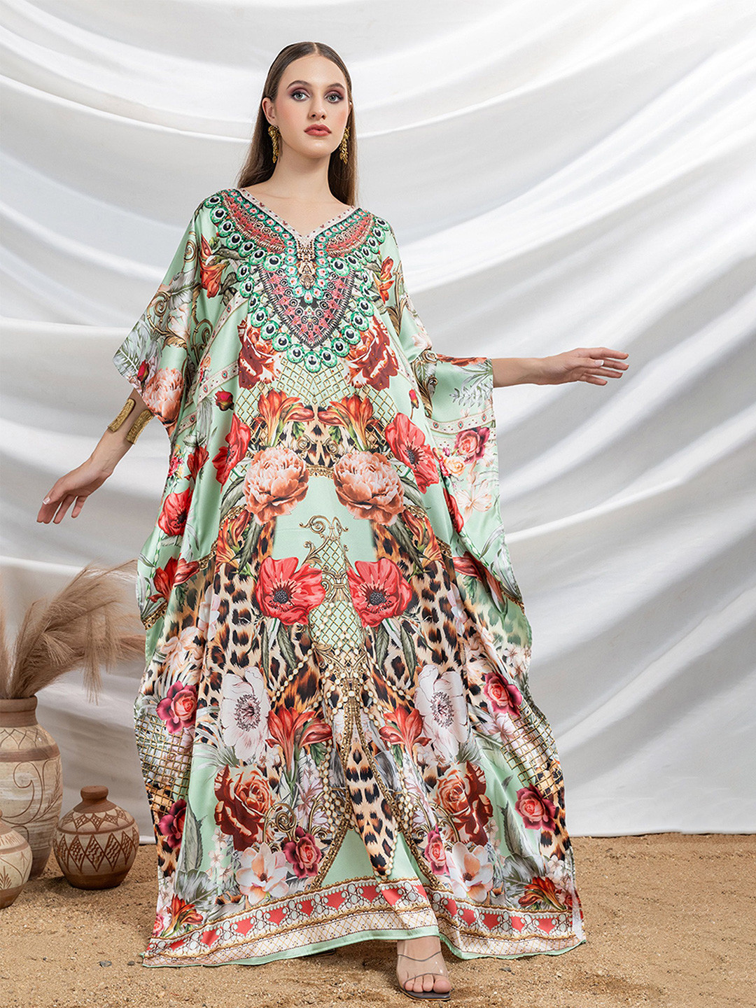 LABEL AARNA Emerald Majesty Soft Satin Women Kaftan with Rhinestones