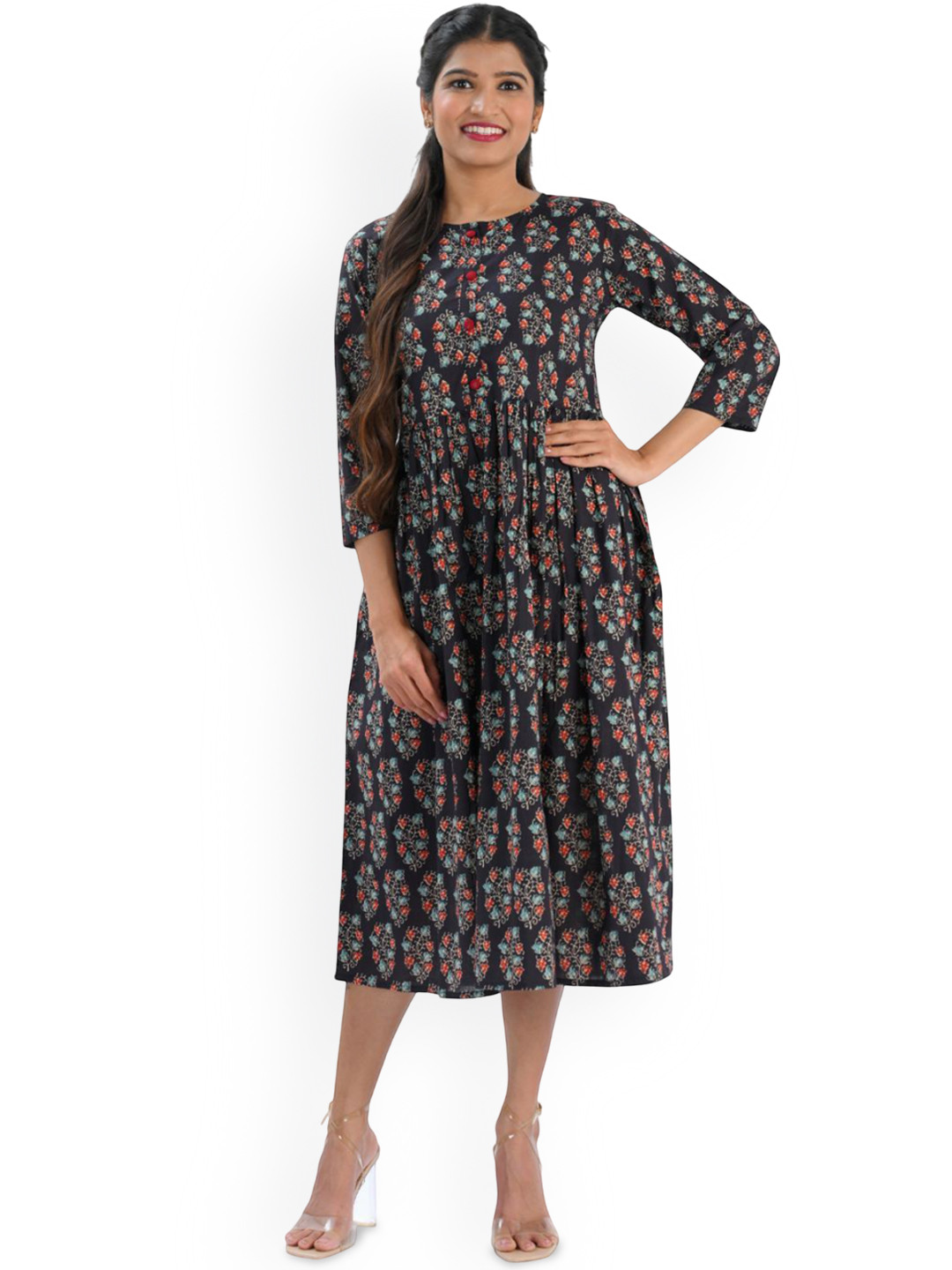 30 Looks Women Floral Print Fit & Flare Midi Dress