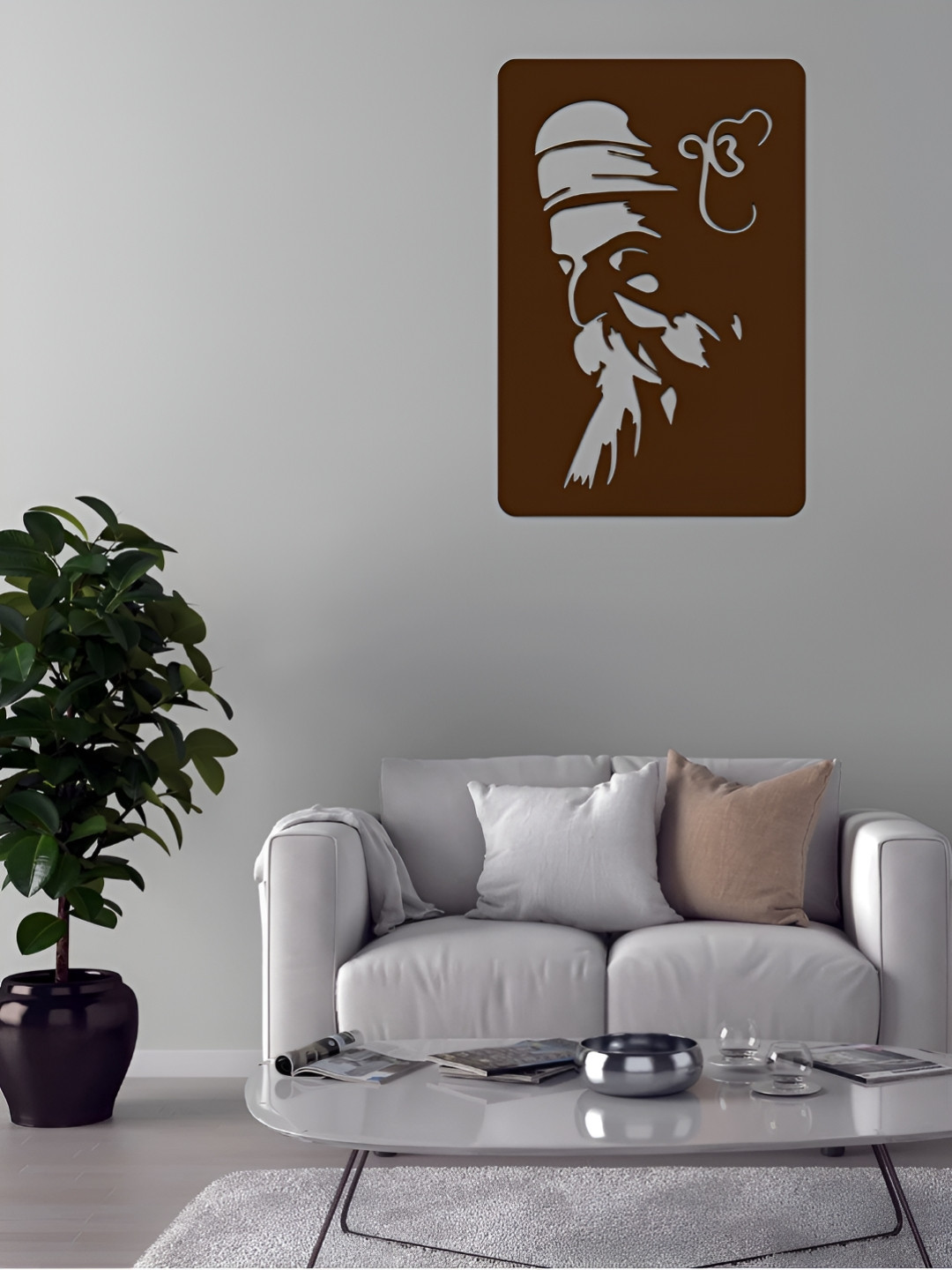 DEKORSTATION Brown Textured Wooden Laser Cut Guru Nanak Ji Shaped Wall Lamp